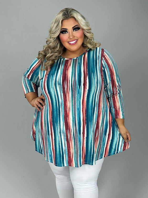 14 PQ-F {Made Today Great} Teal Stripe Print Top EXTENDED PLUS SIZE 3X 4X 5X