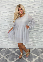 100 SQ {Easy Romance} UMGEE Cool Grey Dress with Trumpet Sleeves PLUS SIZE XL 1X 2X