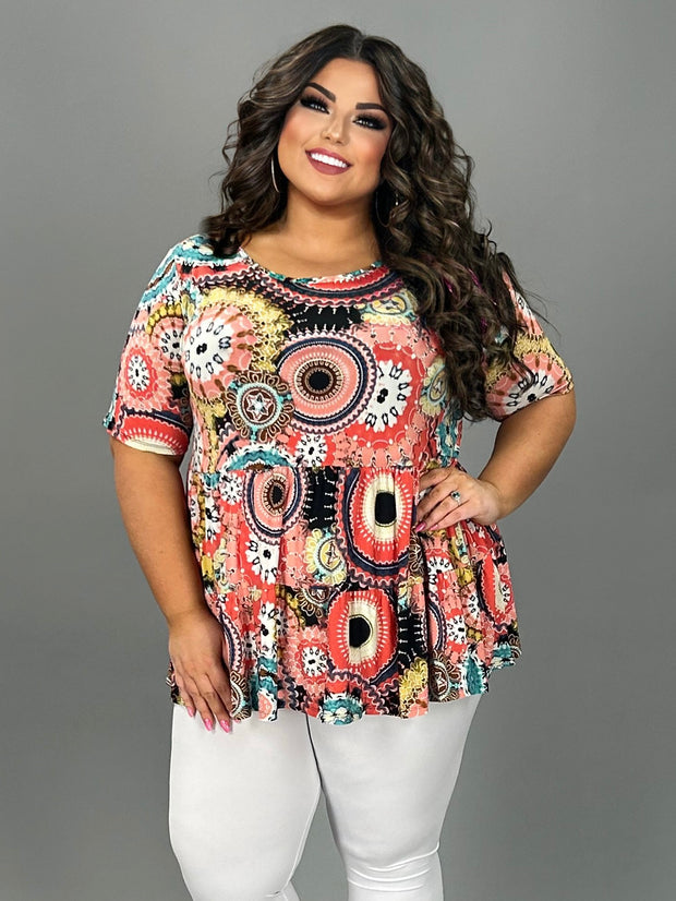 93 PSS-L {My Moment To Shine} Coral Mandala Print Tiered Top EXTENDED PLUS SIZE 3X 4X 5X