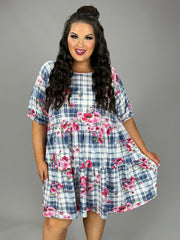 34 PSS-C {Enjoy The View} Navy/White Plaid Floral Tiered Dress EXTENDED PLUS SIZE 3X 4X 5X