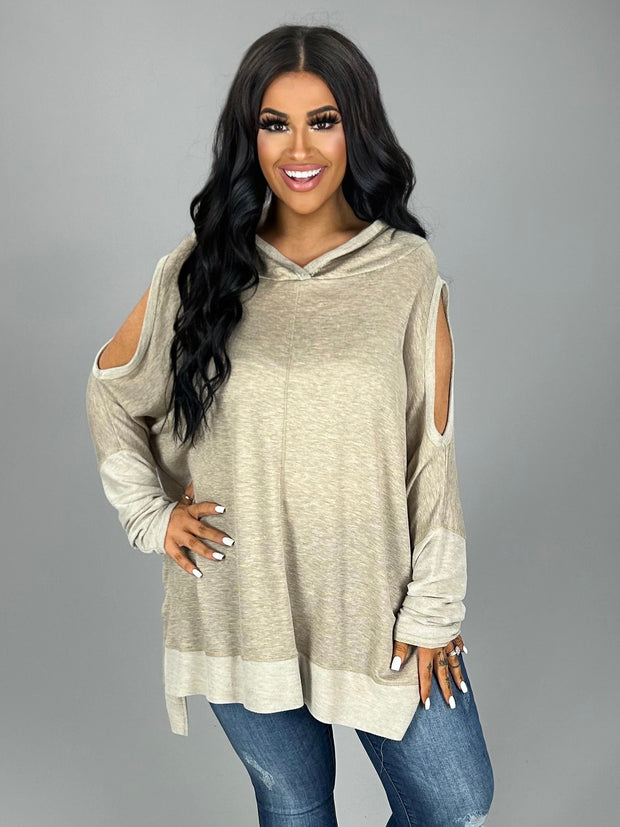 OS-G {Follow Your Instincts} Beige  Cold -Shoulder Hoodie Top