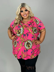 42 PSS {Breaking Chains} Fuchsia/Gold Print V-NeckTop EXTENDED PLUS SIZE 4X 5X 6X