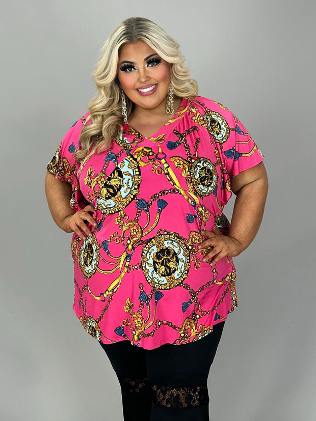42 PSS {Breaking Chains} Fuchsia/Gold Print V-NeckTop EXTENDED PLUS SIZE 4X 5X 6X