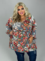 59 PQ-G {Better Every Day} Grey Floral Babydoll Top PLUS SIZE 3X 4X 5X