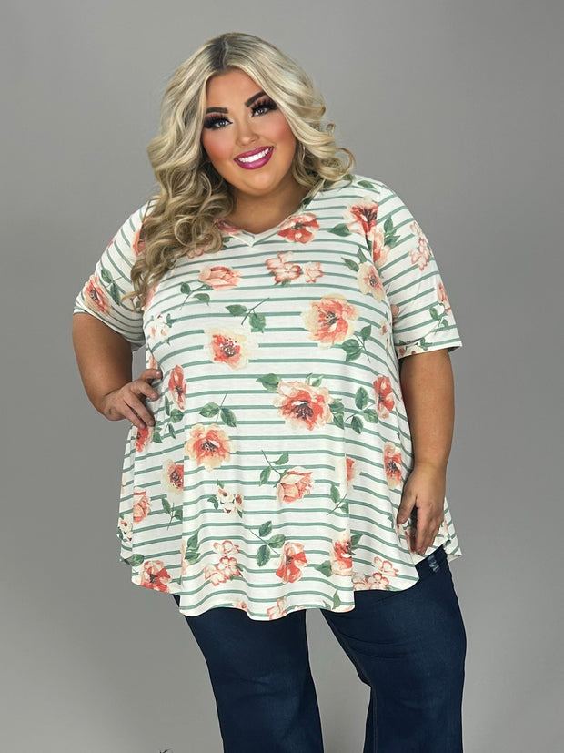 12 PSS {Floral In Line} Ivory Floral & Green Stripe Print Top EXTENDED PLUS SIZE 3X 4X 5X