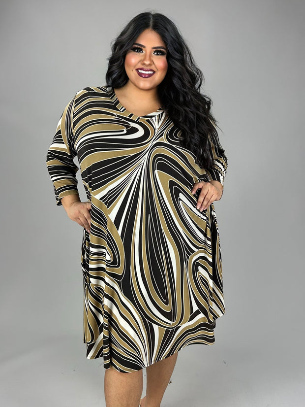 30 PQ {Props To You} Taupe/Brown Spiral Print V-Neck Dress EXTENDED PLUS SIZE 3X 4X 5X