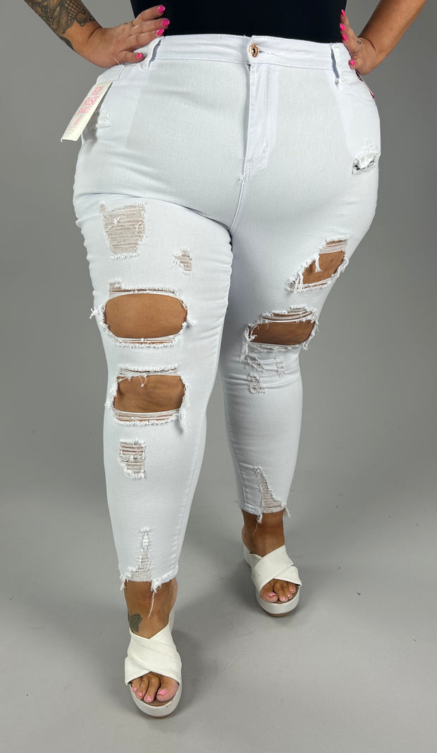 BT-H {Elite Jeans} White High Rise Ankle Length Distressed Jeans PLUS SIZE 23/24