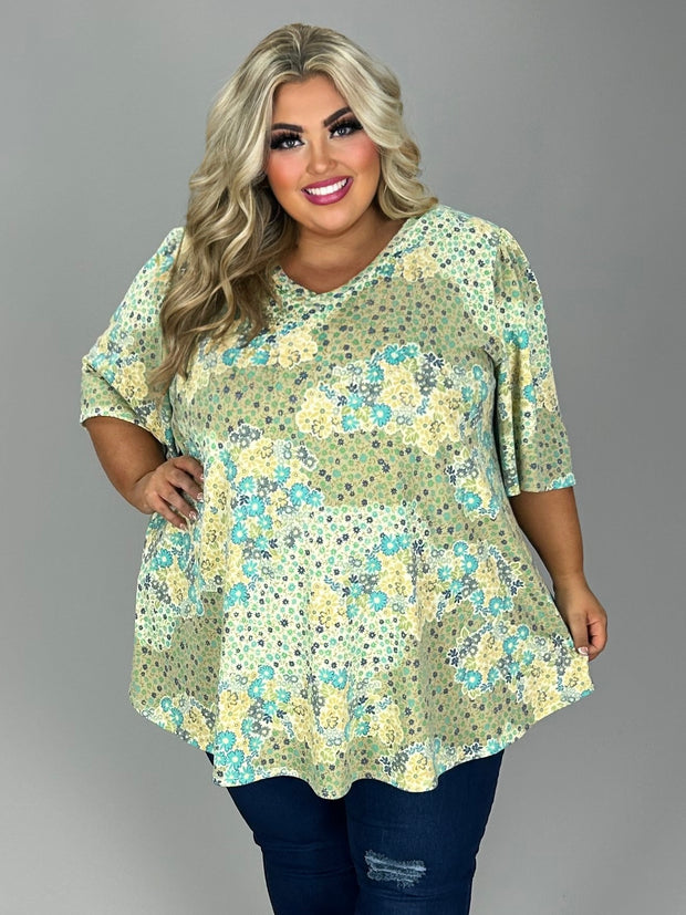 77 PSS {With My Whole Heart} Yellow/Teal Floral V-Neck Top EXTENDED PLUS SIZE 3X 4X 5X