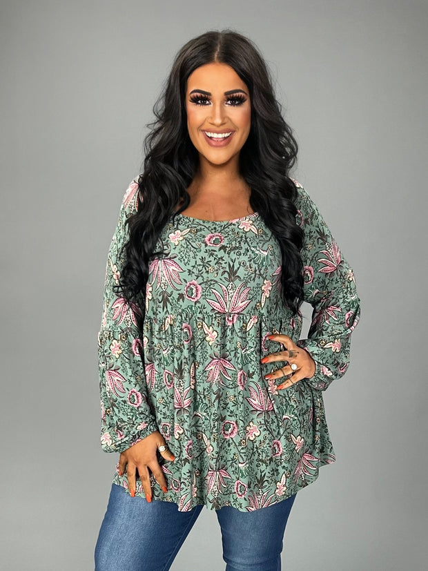 64 PQ {What You Love} Dusty Green Floral Babydoll Top PLUS SIZE 1X 2X 3X