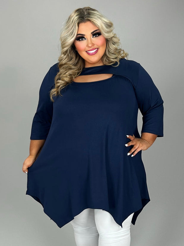 83 SQ-A {Open Hearts} NAVY Tunic W/ Keyhole Detail CURVY BRAND!! EXTENDED PLUS SIZE  (May Size Down 1 Size}