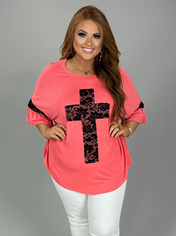 45 SD-R {At The Cross} Coral/Black Lace Cross & Sleeve Detail Top  PLUS SIZE XL 2X 3X 4X 5X 6X
