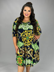 62 PSS {Keep Hope Alive} Navy/Green/Gold Print V-Neck Dress EXTENDED PLUS SIZE 3X 4X 5X