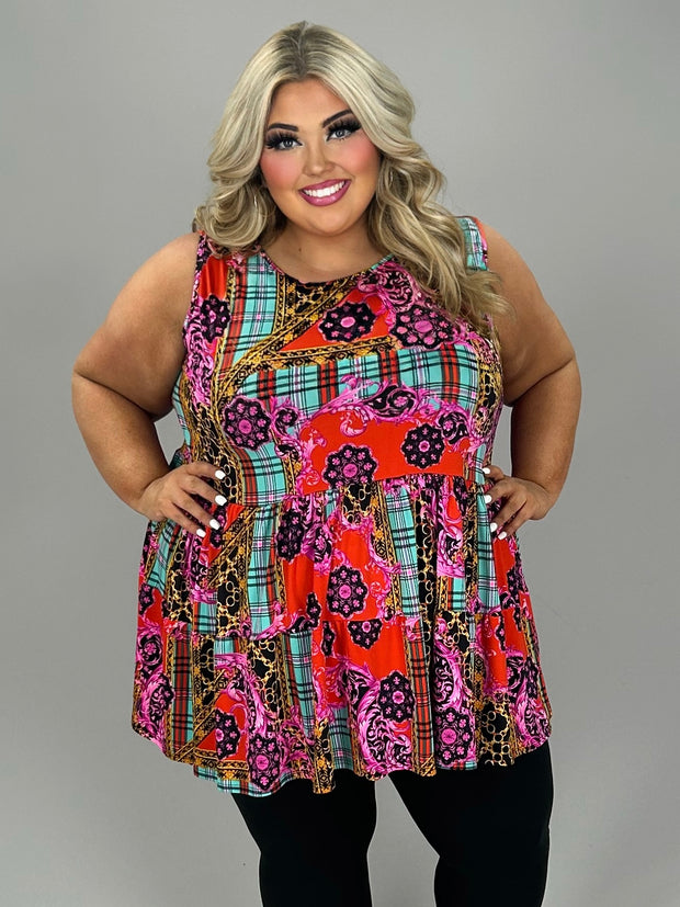 64 SV {Dedicated To Glamour} Red Mixed Print Tiered Top EXTENDED PLUS SIZE 3X 4X 5X