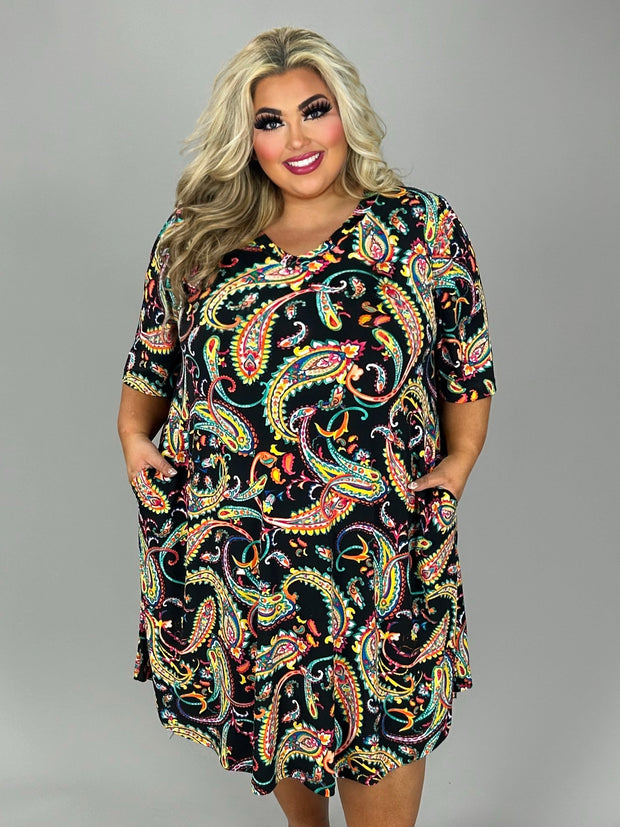 25 PSS {Local Flare} Black/Yellow Paisley V-Neck Dress EXTENDED PLUS SIZE 3X 4X 5X