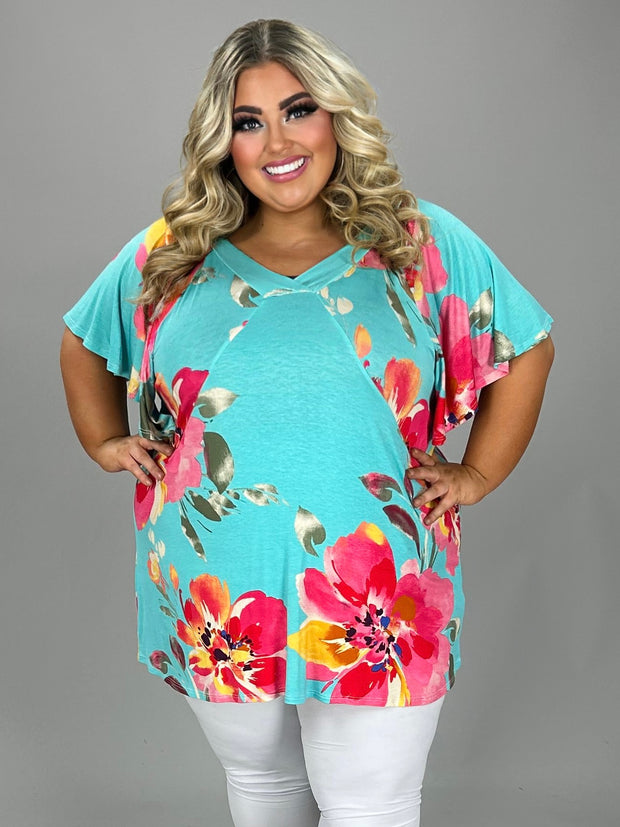 58 PSS {Feeling Tropical} Aqua Tropical Floral V-Neck Top EXTENDED PLUS SIZE 4X 5X 6X