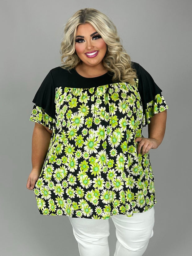 65  CP {Daisy After Dark} Black/Green Daisy Print Top EXTENDED PLUS SIZE XL 2X 3X 4X 5X
