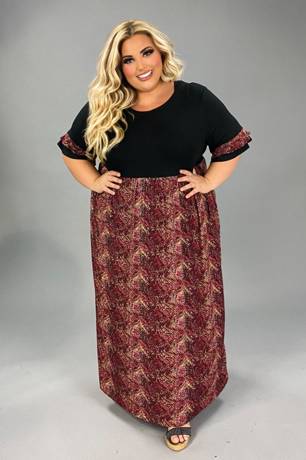 LD-A {Stylish Setting} Black/Wine Print Maxi Dress EXTENDED PLUS SIZE 3X 4X 5X