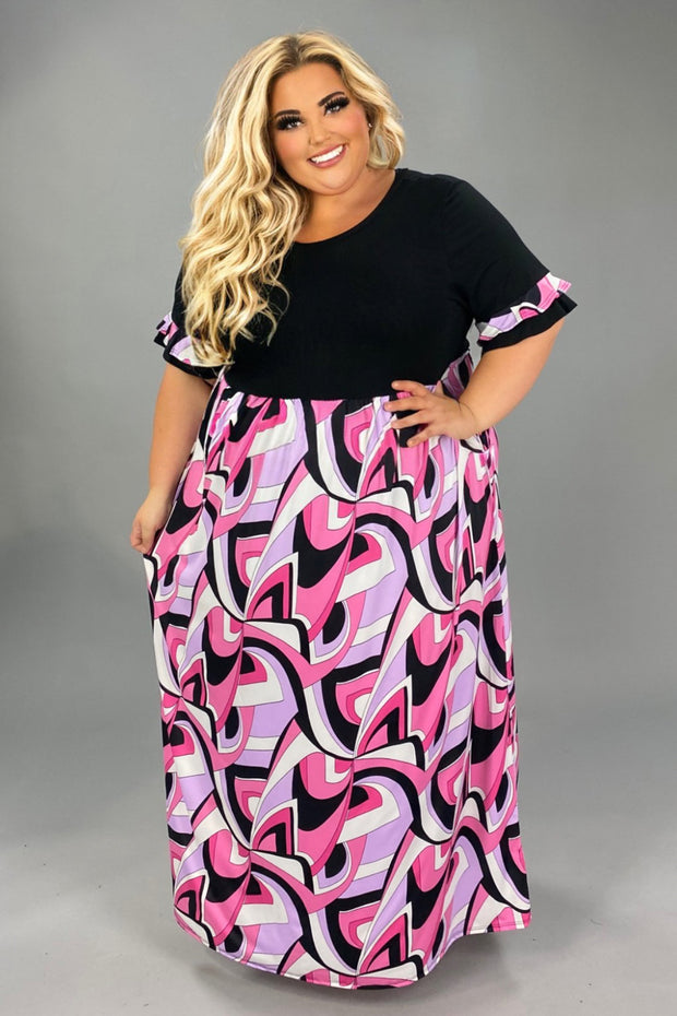 LD-G {Sweet Success} Black/Purple/Pink Print Maxi Dress EXTENDED PLUS SIZE 3X 4X 5X