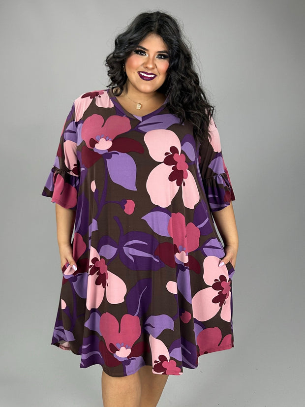 25 PQ {Join In The Fun} Brown/Purple Large Floral Print Dress PLUS SIZE XL 2X 3X