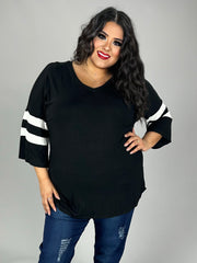 69 CP-R {Pleasantly Surprised} Black V-Neck Top w/Striped Sleeve PLUS SIZE XL 2X 3X