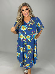 70 PSS-C {All Floral} Royal Blue Floral Print Dress PLUS SIZE 1X 2X 3X