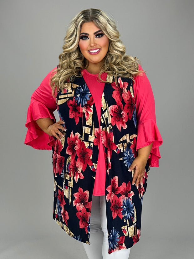 68 OT {On My Time} Navy Floral Vest w/Pockets EXTENDED PLUS SIZE 3X 4X 5X