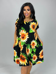 30 PSS-A {Sunflower Fun Flower} Black Printed Dress PLUS SIZE 1X 2X 3X