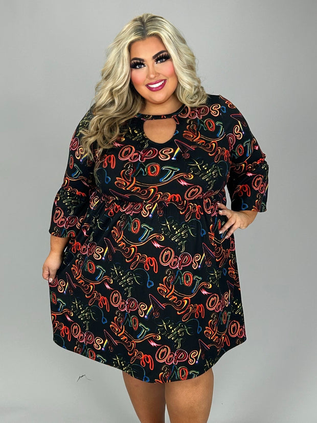 28 PQ-B {Scripted Style} Black Print Keyhole Babydoll Dress PLUS SIZE XL 2X 3X