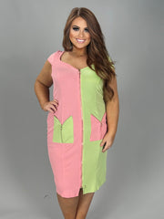 11 CP {Holding Hands} Pink/Sage Contrast Zippered MIdi Dress PLUS SIZE 1X 2X 3X