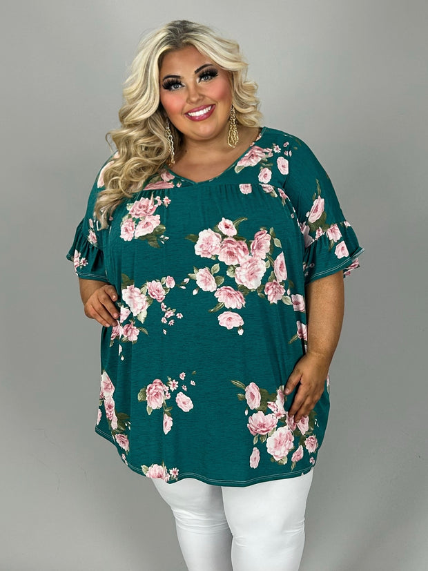 12 PSS {Sweet By Nature} Jade Floral Shirred Top EXTENDED PLUS SIZE 4X 5X 6X  (Size Up 1 Size)