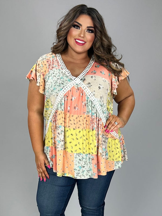 41 PSS-V {Good Times} Peach Yellow Floral Printed Top PLUS SIZE 3X 4X 5X 6X
