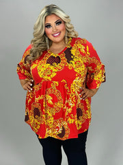 80 PSS {Best In Bold} Red/Gold Print Babydoll Tunic EXTENDED PLUS SIZE 3X 4X 5X