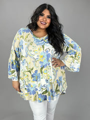 74 PQ {Charming Florals} Ivory/Blue Floral V-Neck Top EXTENDED PLUS SIZE 3X 4X 5X