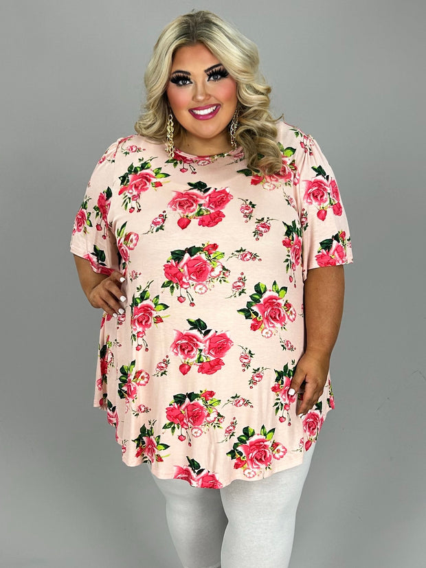 11 PSS-M {Buy Me Roses}  Peach Floral Print Tunic EXTENDED PLUS SIZE 3X 4X 5X