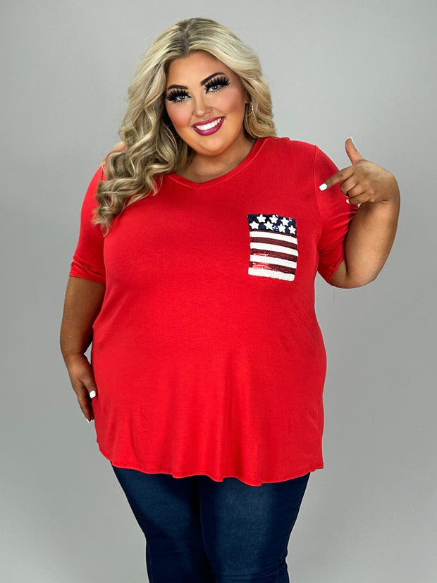 92 SD {Patriotic View} Red V-Neck Top w/Sequin Pocket EXTENDED PLUS SIZE 4X 5X 6X