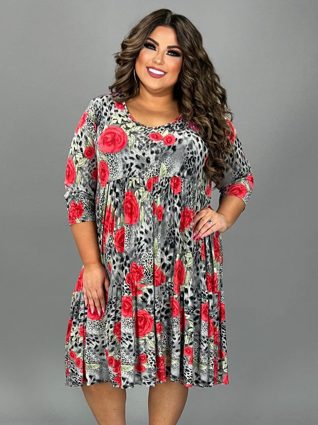58 PQ {Radiant Beauty} Grey/Red Rose Tiered Dress PLUS SIZE XL 2X 3X