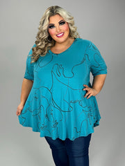 25 PSS {French Inspired} Teal Print V-Neck Top EXTENDED PLUS SIZE 3X 4X 5X