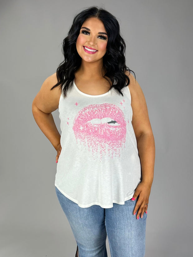 96 SV-E {Pink Lips} Ivory Graphic Racerback Tank PLUS SIZE XL 2X 3X