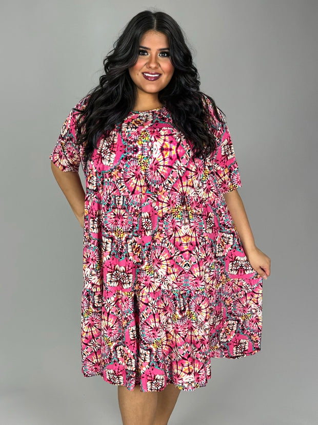 28 PSS {Light Up The Room} Fuchsia/Teal Print Tiered Dress EXTENDED PLUS SIZE 3X 4X 5X