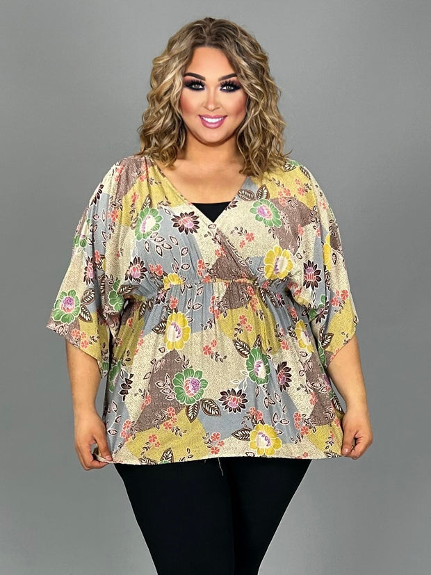 30 PSS-S {Flirting With Perfection} Mustard Print V-Neck Top PLUS SIZE 1X 2X 3X