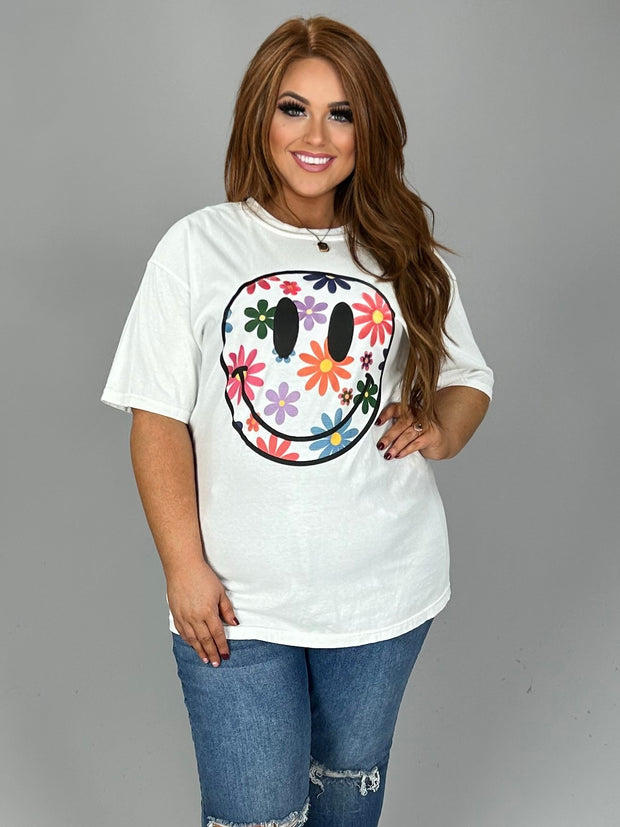 12 GT-K {Blooming Smile} White Daisy Smiley Graphic Tee {COMFORT COTTON!!!}PLUS SIZE 1X 2X 3X
