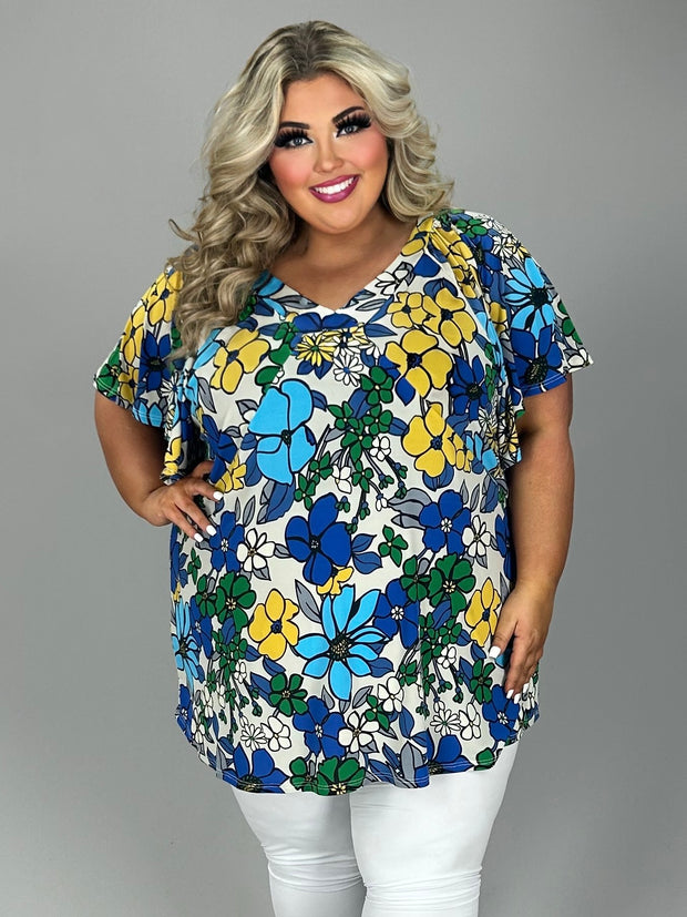 23 PSS {In Full Bloom} Blue/Yellow Lg Floral Tunic EXTENDED PLUS SIZE 4X 5X 6X
