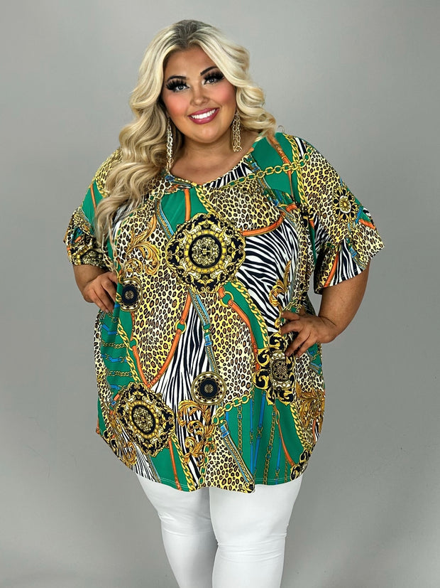 12 PSS {Essential Chicness} Green/Gold Multi-Print Top EXTENDED PLUS SIZE 4X 5X 6X  (Size Up 1 Size)
