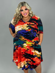 53 PSS-M {Be Like That} Red Jade Multi V-Neck Dress EXTENDED PLUS SIZE 3X 4X 5X