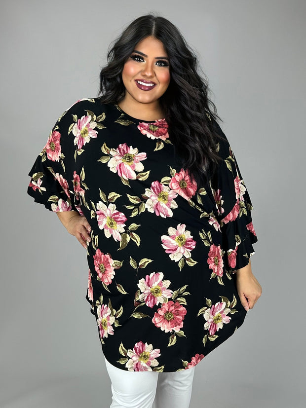 33 PQ {Floral Flair} Black Floral Tunic w/Ruffle Sleeves EXTENDED PLUS SIZE 3X 4X 5X