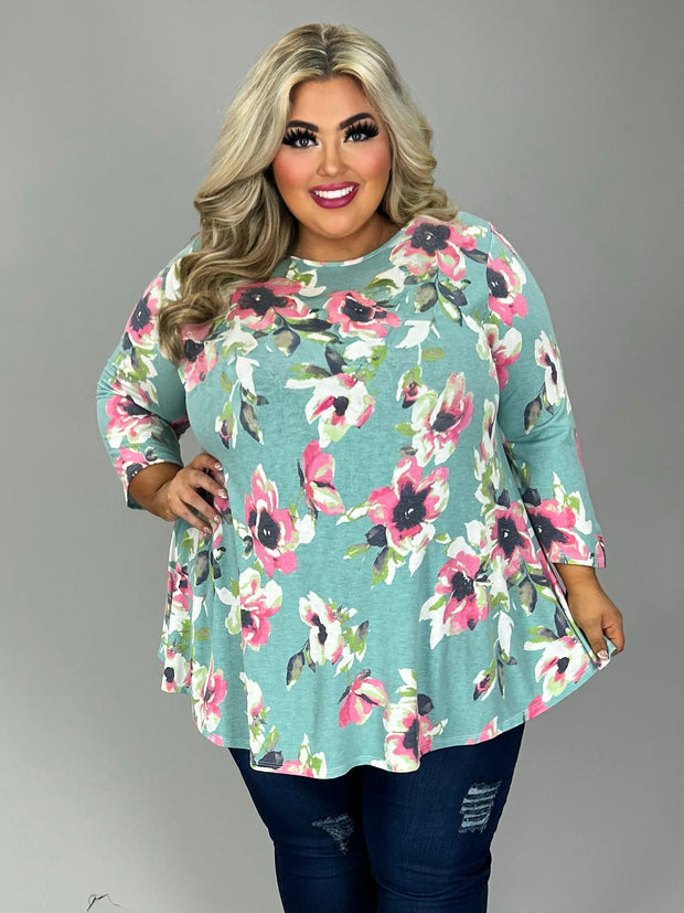 27 PQ {Upgrade To Floral} Sage Floral Rounded Hem Top EXTENDED PLUS SIZE 4X 5X 6X