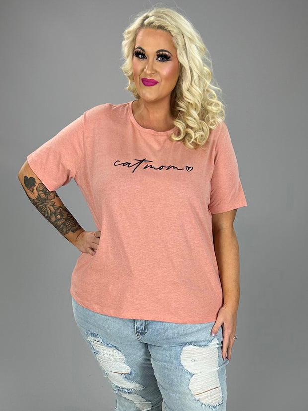 29 GT-A {Cat Mom Heart} H. Coral "Cat Mom" Graphic Tee PLUS SIZE 3X