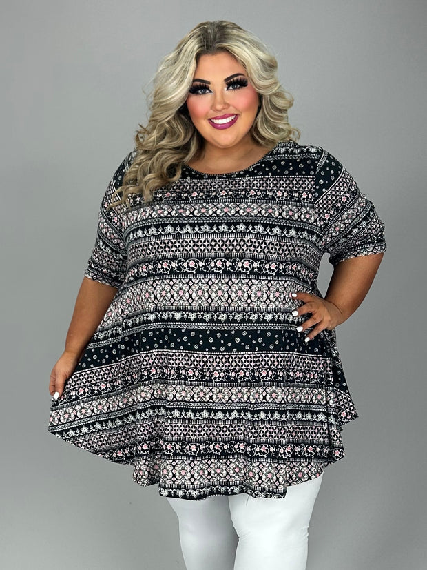 23 PSS {Coming In First} Black/Pink Stripe Scroll Print Top EXTENDED PLUS SIZE 1X 2X 3X 4X 5X 6X
