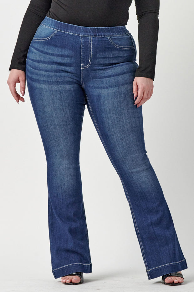 LEG-97 {Ms. Cello} Dark Denim Mid Rise Pull On Flare Jeggings PLUS SIZE 1X 2X 3X