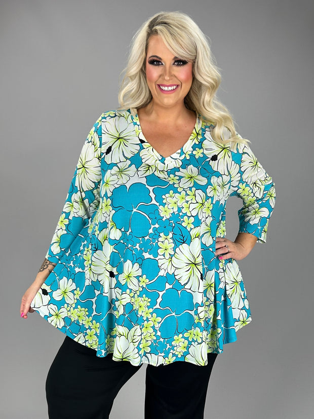 32 PQ {Nothing Matters More} Blue/White Floral V-Neck Top EXTENDED PLUS SIZE 3X 4X 5X